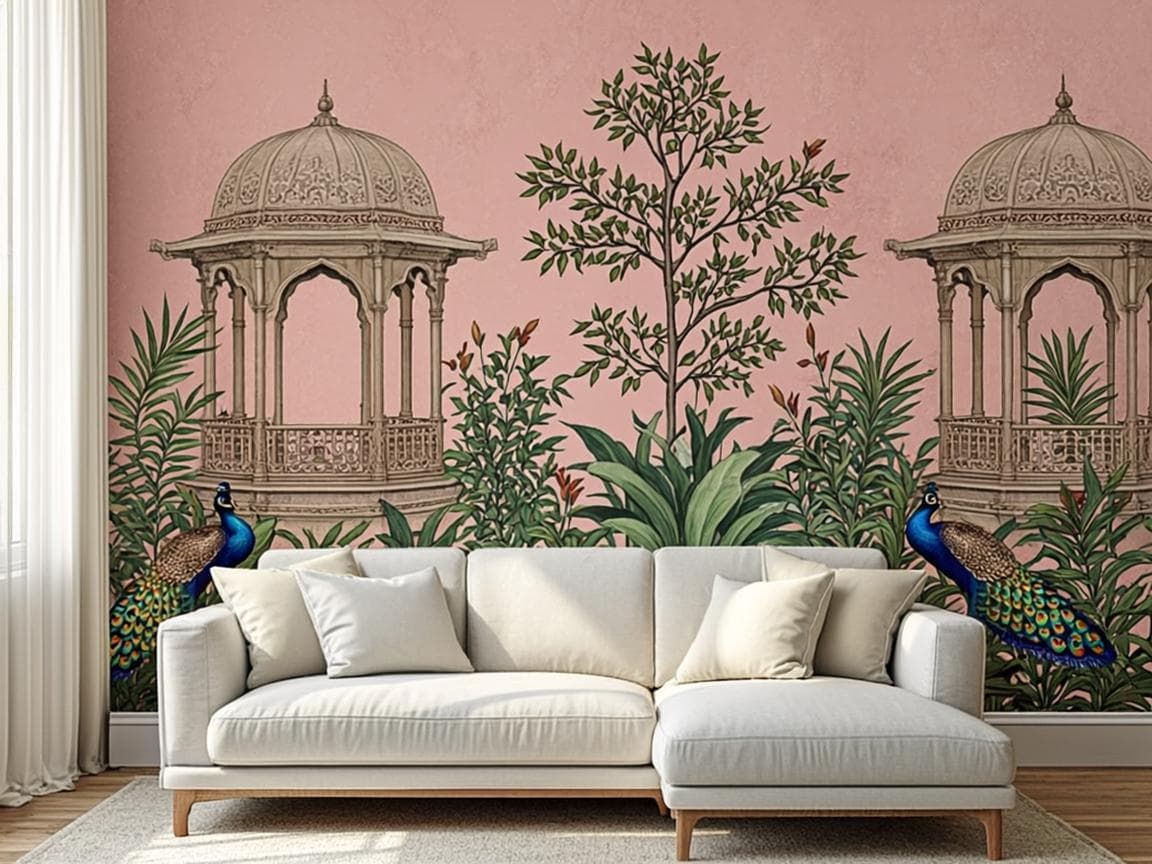 Custom Pichwai wallpaper mural in a living room
