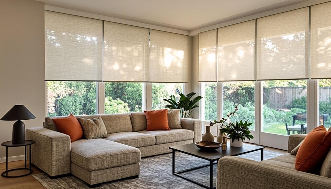 Living room with sunscreen roller blinds on large windows