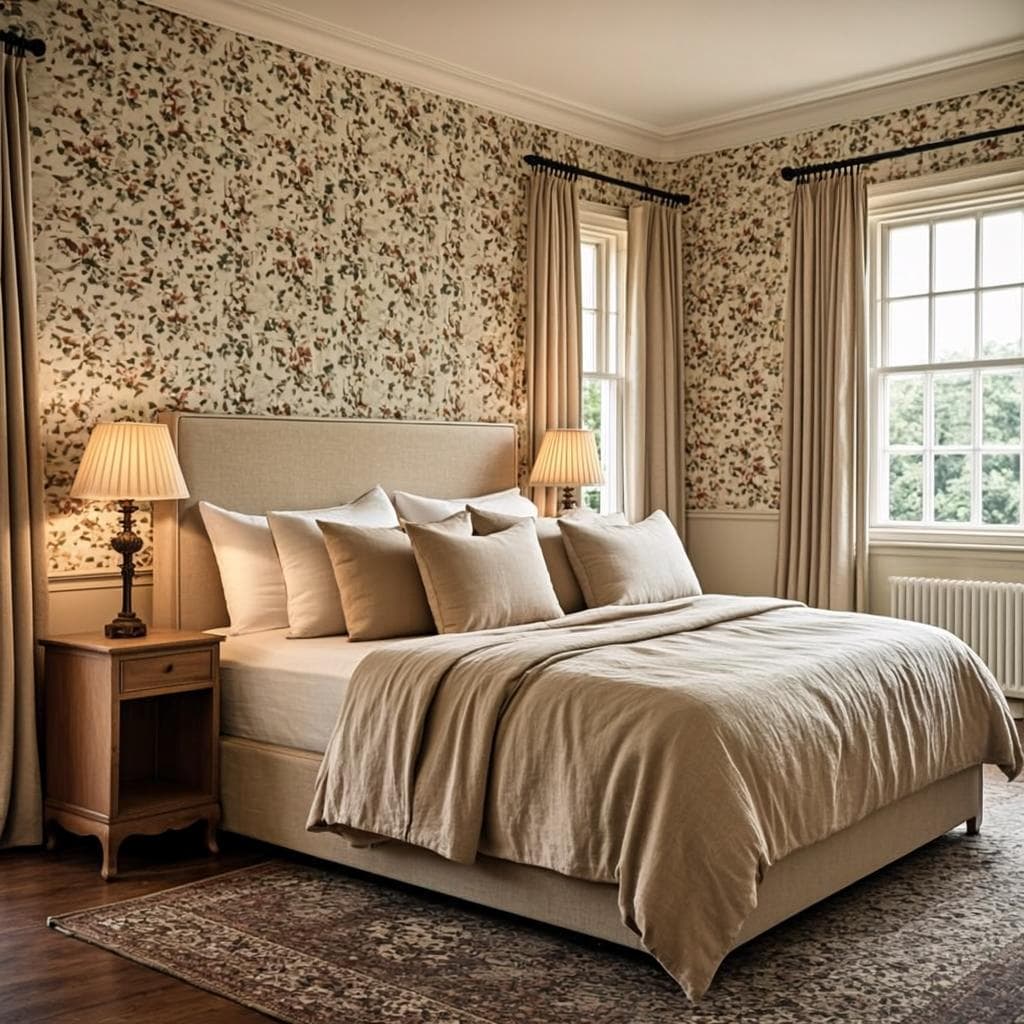Bedroom with warm textured wallpaper behind the bed