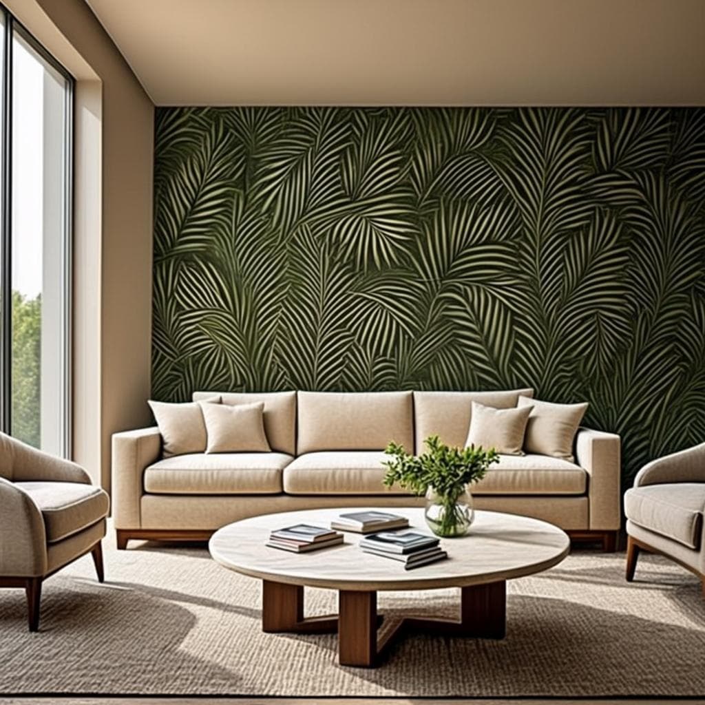 Living room styled with a botanical feature wall