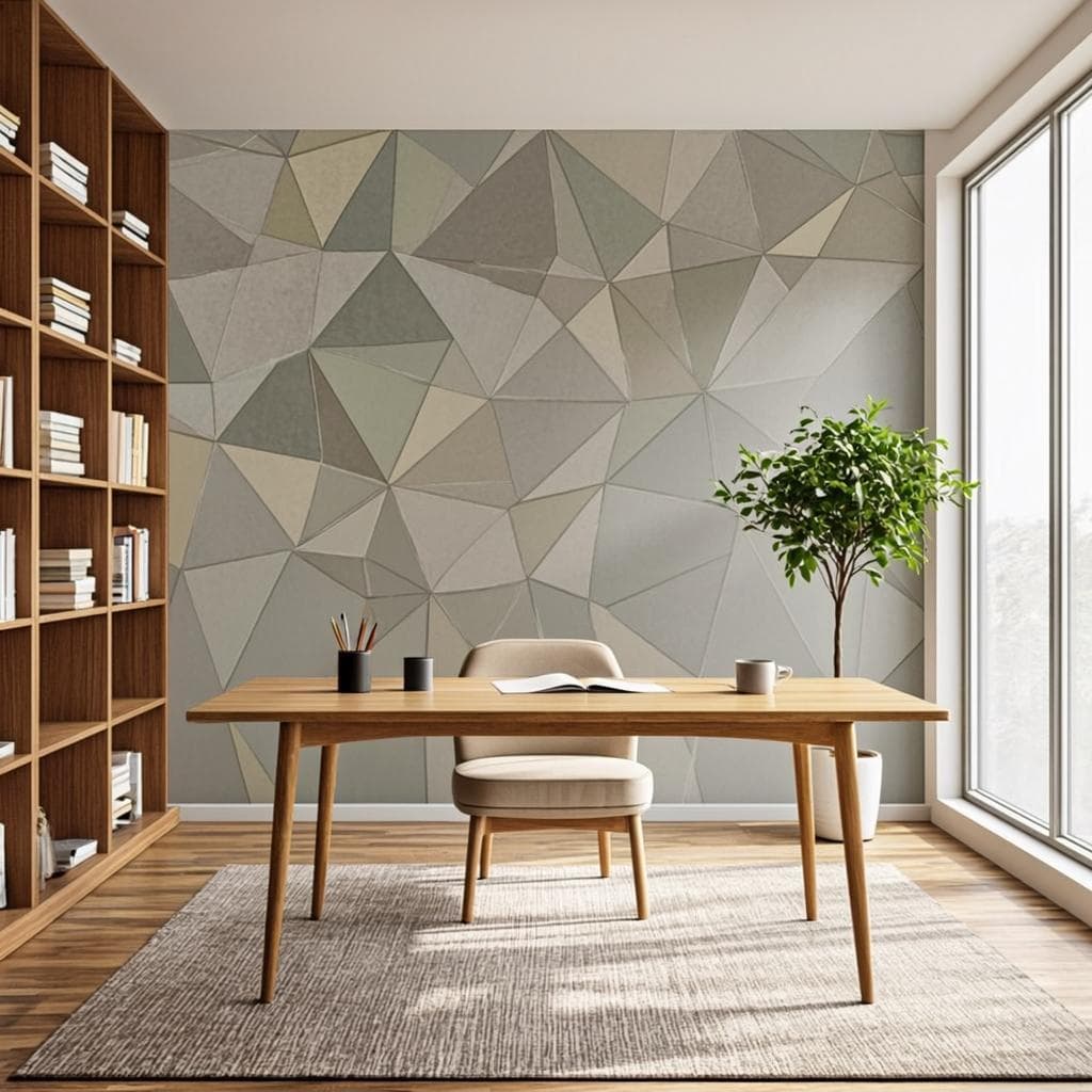 Home office with warm wood panelling and desk